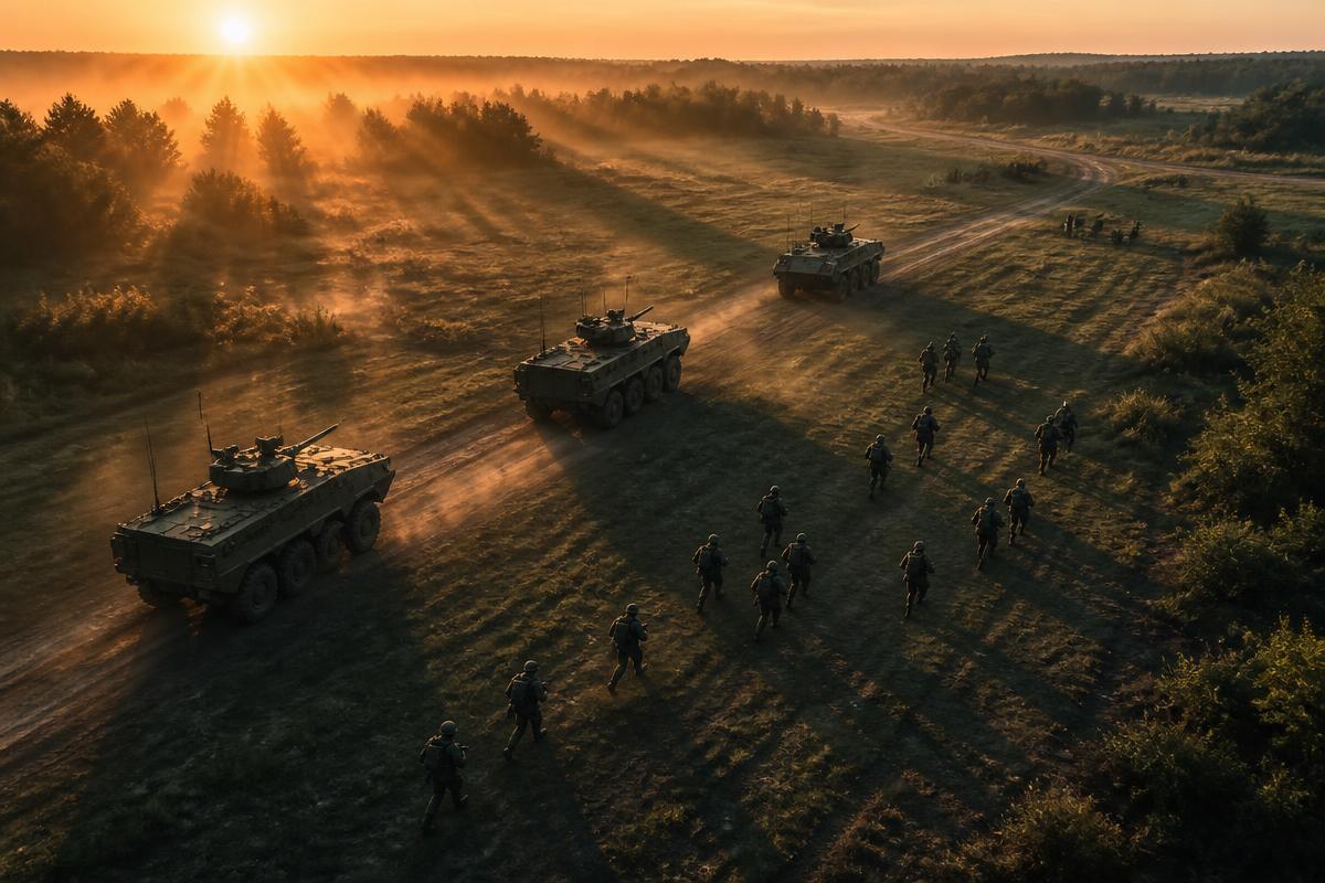 Armored vehicles and soldiers on a training field at sunrise