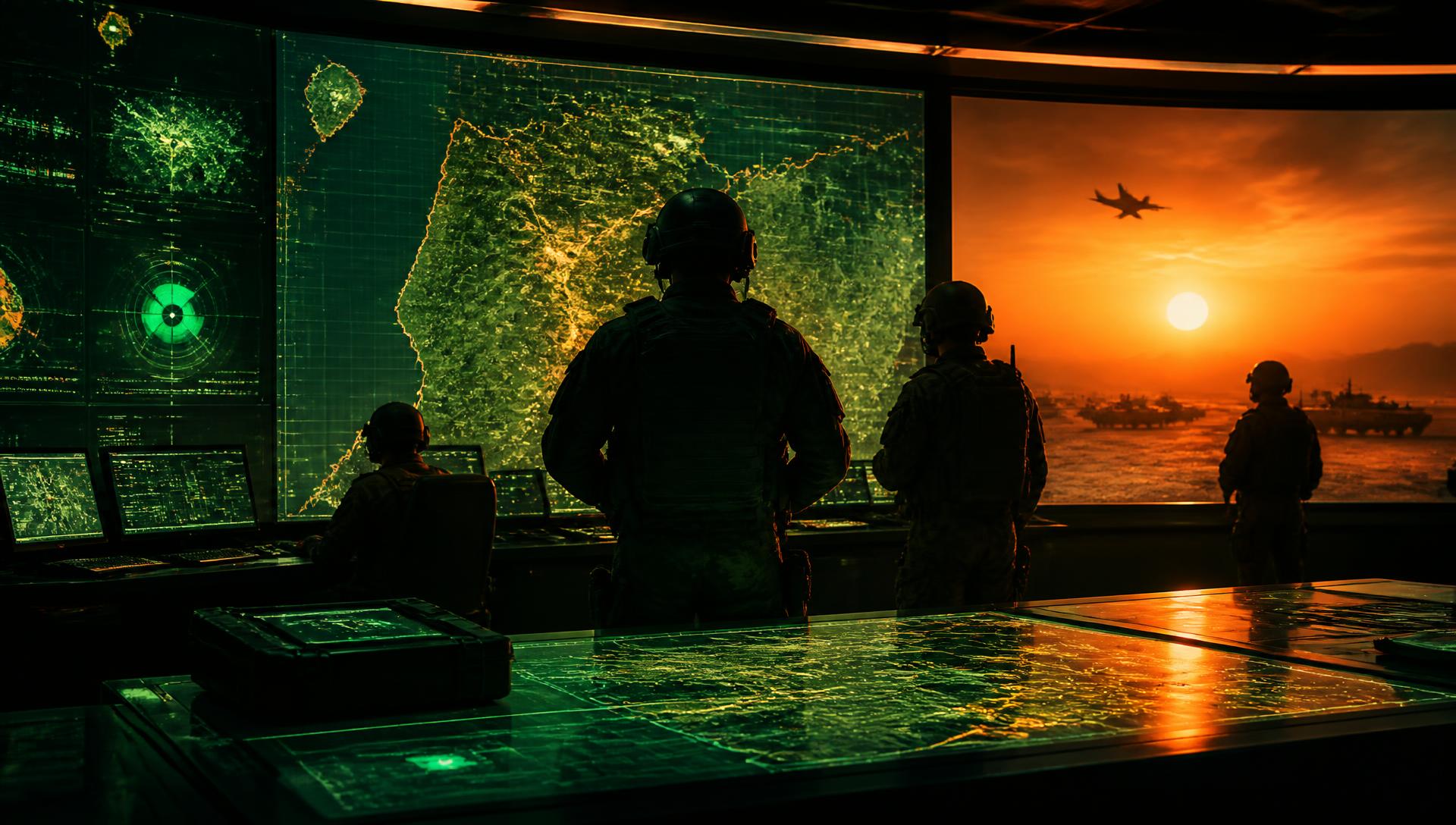 Military command centre at sunset with tactical screens and soldiers silhouettes