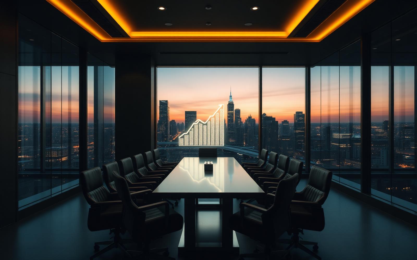 Modern boardroom at dusk overlooking a city skyline
